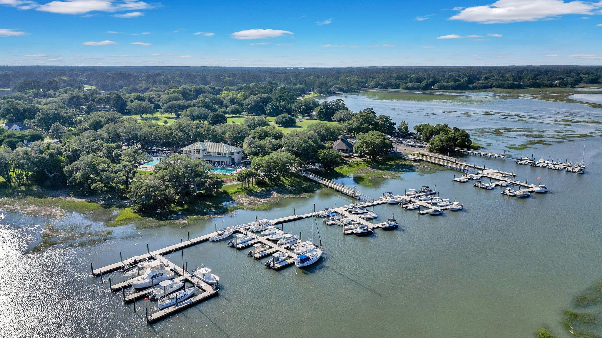 Aerial view of the Moss Creek marina and tidal river, Bluffton, South Carolina
