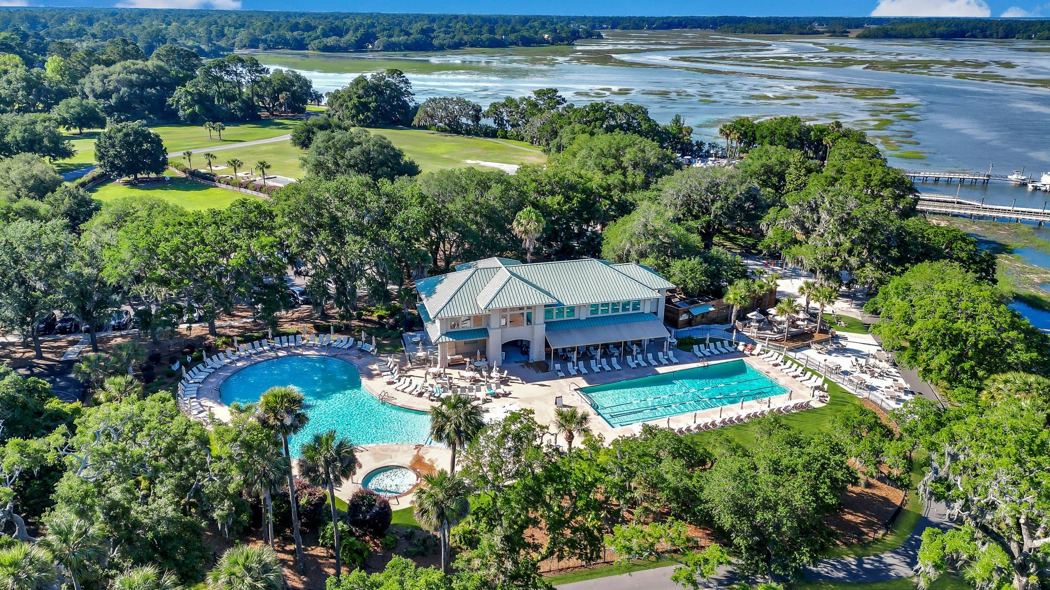 Aerial view of the Moss Creek clubhouse and marsh, Bluffton South Carolina