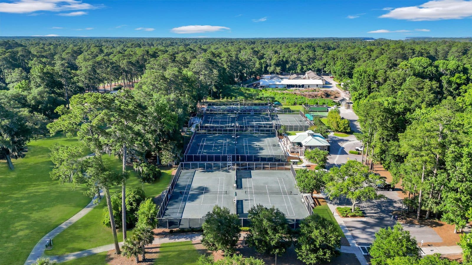 Aerial view of the Moss Creek tennis courts among the trees