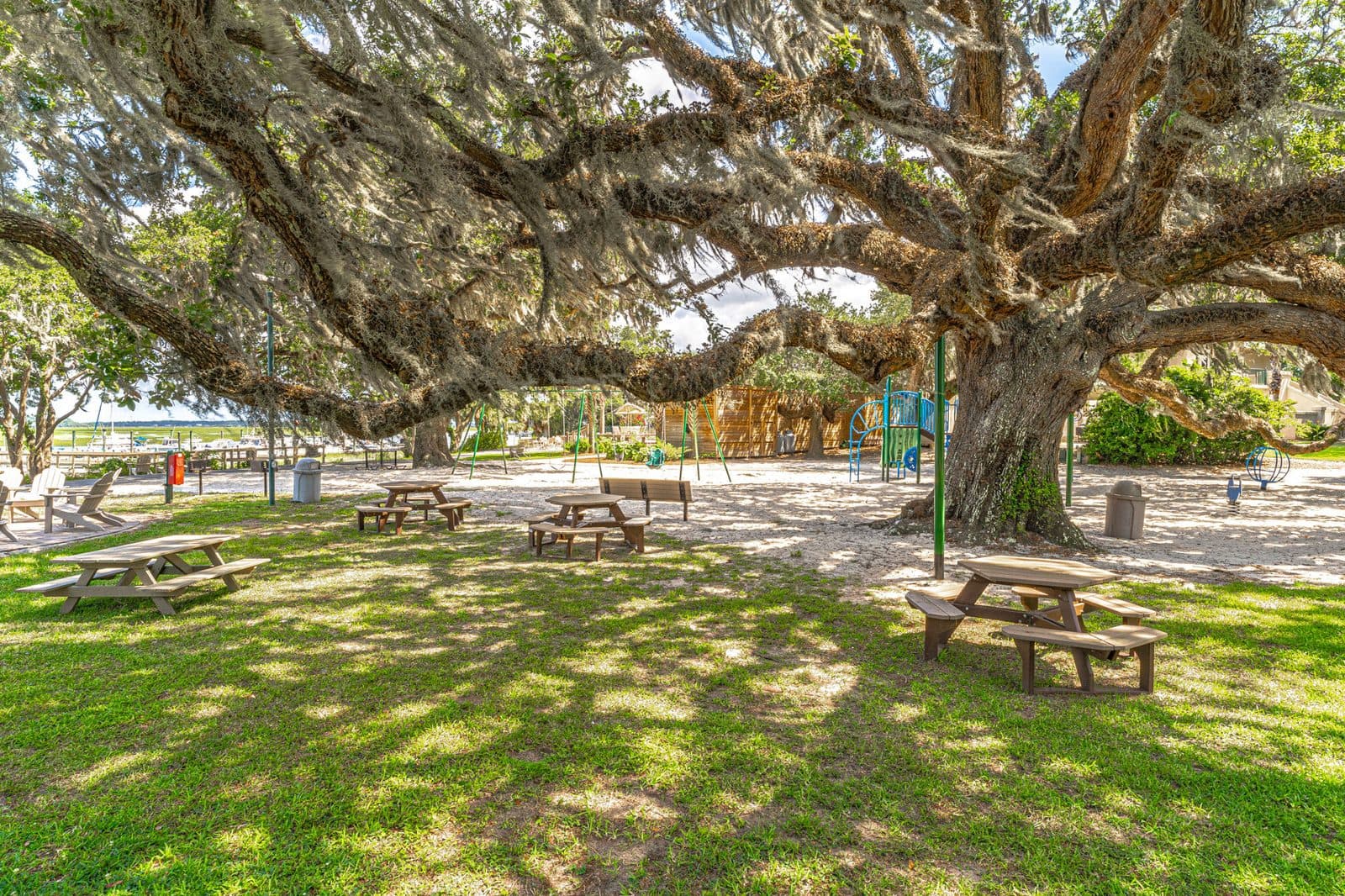 Picnic tables and a playground beneath a live oak beside the Moss Creek marina
