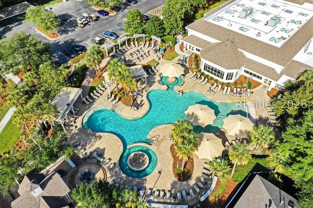 Aerial view of the resort pool and clubhouse at Sun City Hilton Head, Bluffton